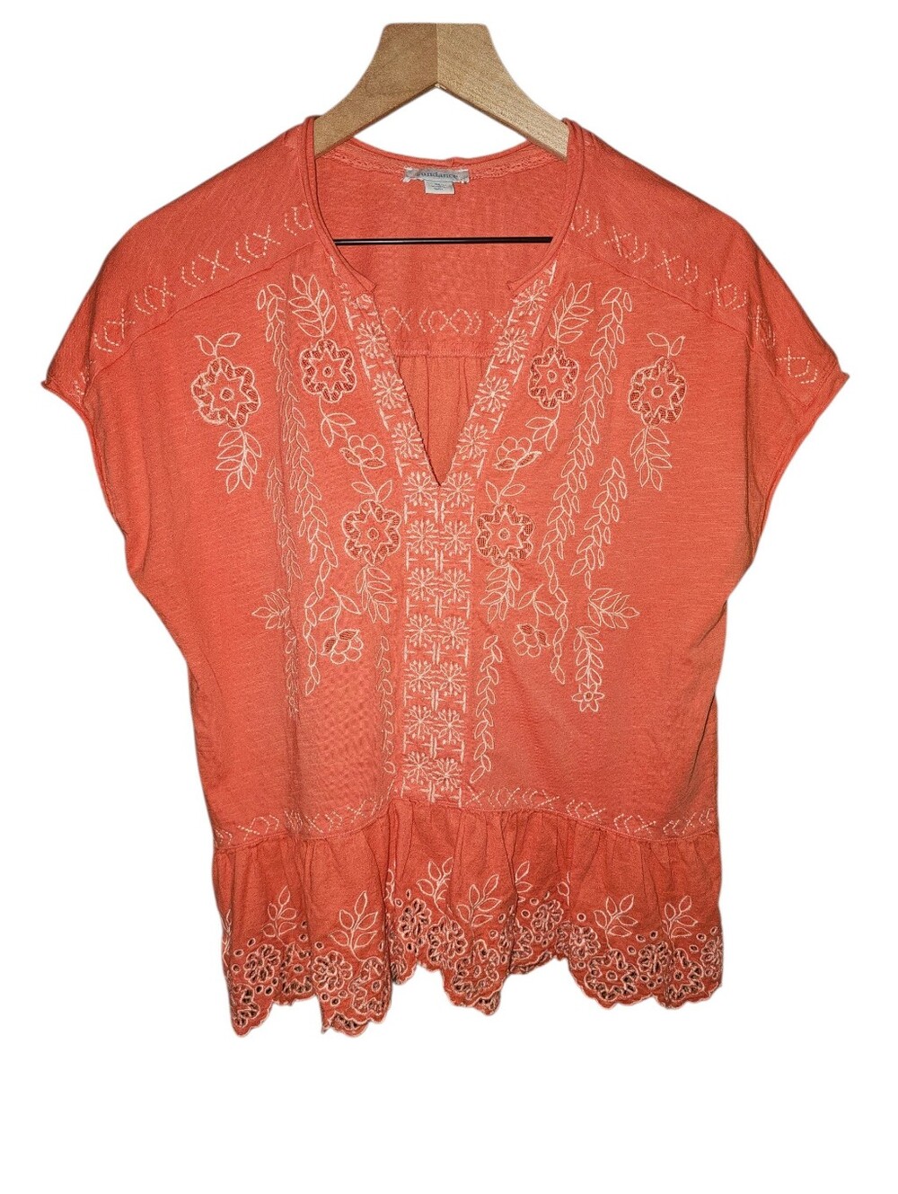 SUNDANCE Coral Orange Embroidered Eyelet Short Sleeve Blouse - Medium